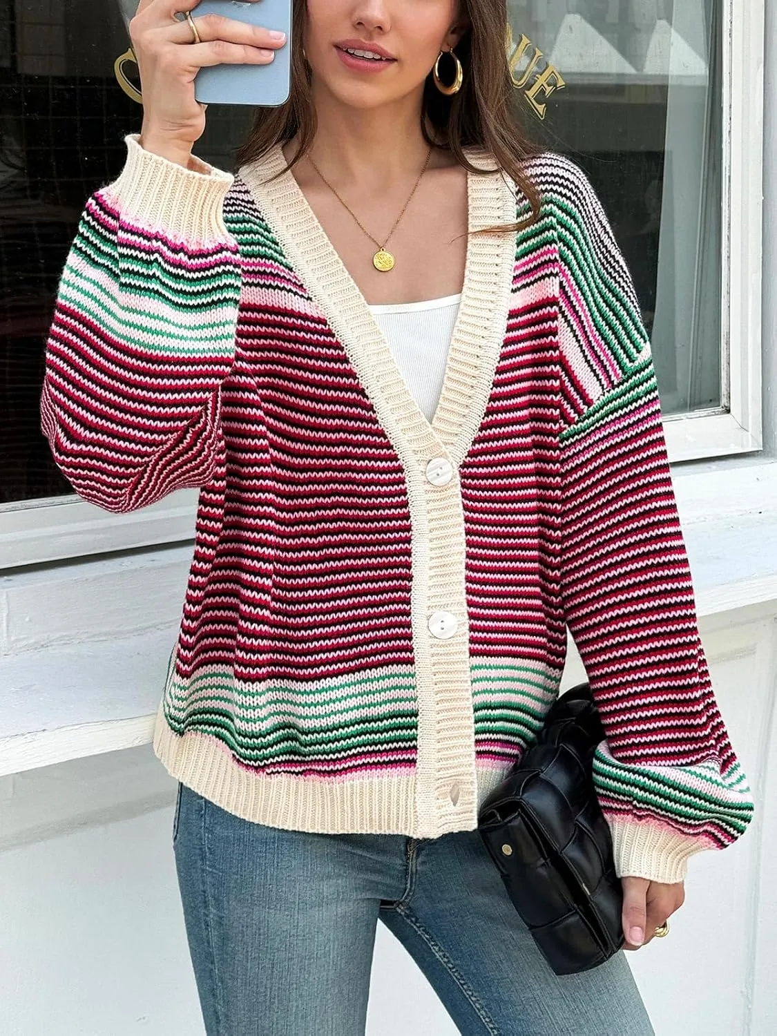 Saodimallsu Womens Striped Cardigan Sweaters Oversized Puff Sleeve Button Up V Neck Color Block Knit Sweater Coat