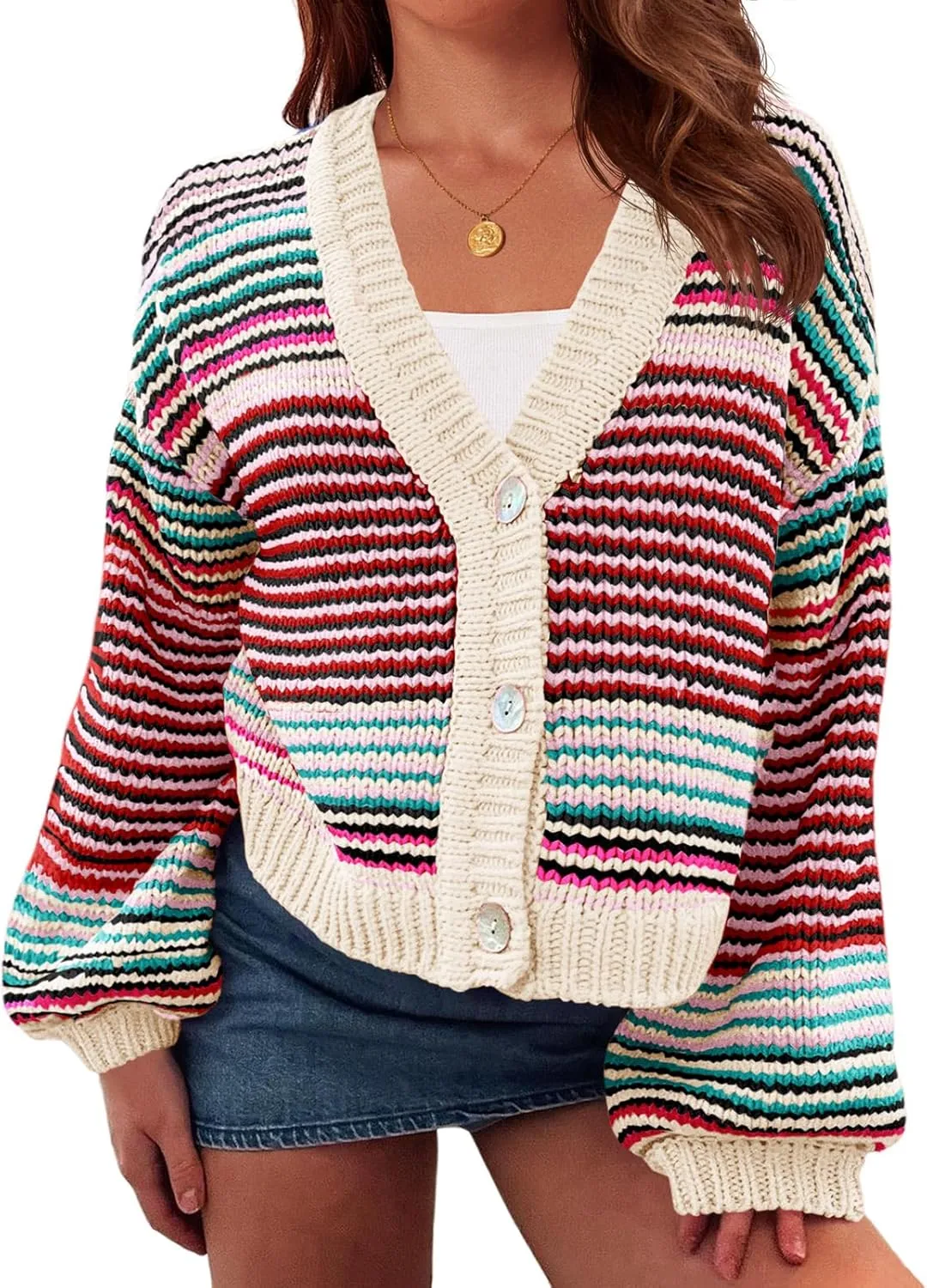 Saodimallsu Womens Striped Cardigan Sweaters Oversized Puff Sleeve Button Up V Neck Color Block Knit Sweater Coat