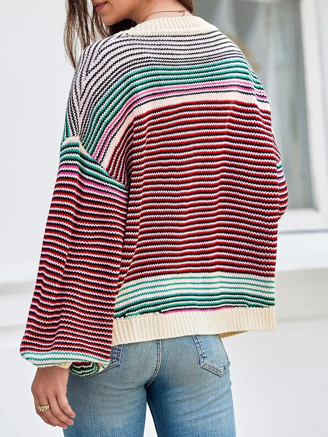 Saodimallsu Womens Striped Cardigan Sweaters Oversized Puff Sleeve Button Up V Neck Color Block Knit Sweater Coat
