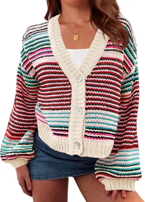 Saodimallsu Womens Striped Cardigan Sweaters Oversized Puff Sleeve Button Up V Neck Color Block Knit Sweater Coat