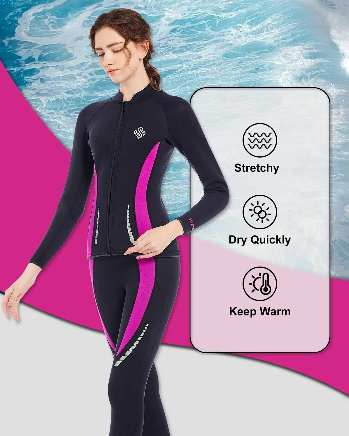 Seaskin Wetsuit Tops for Womens 3mm Front Zipper