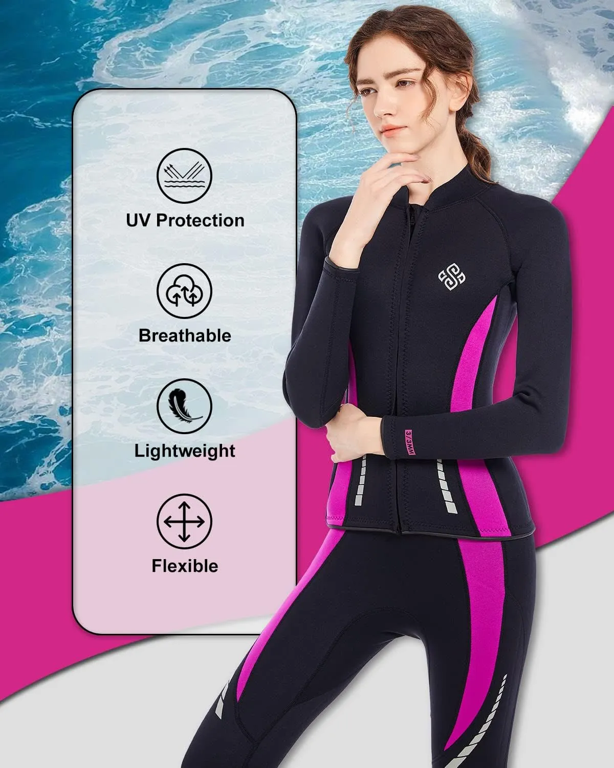 Seaskin Wetsuit Tops for Womens 3mm Front Zipper