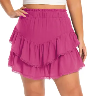 SEKINO Women's Plus Size Flowy Mini Skirts Casual Boho Ruffle Tiered Skorts Built in Shorts Beach Fashion Trendy Skirt