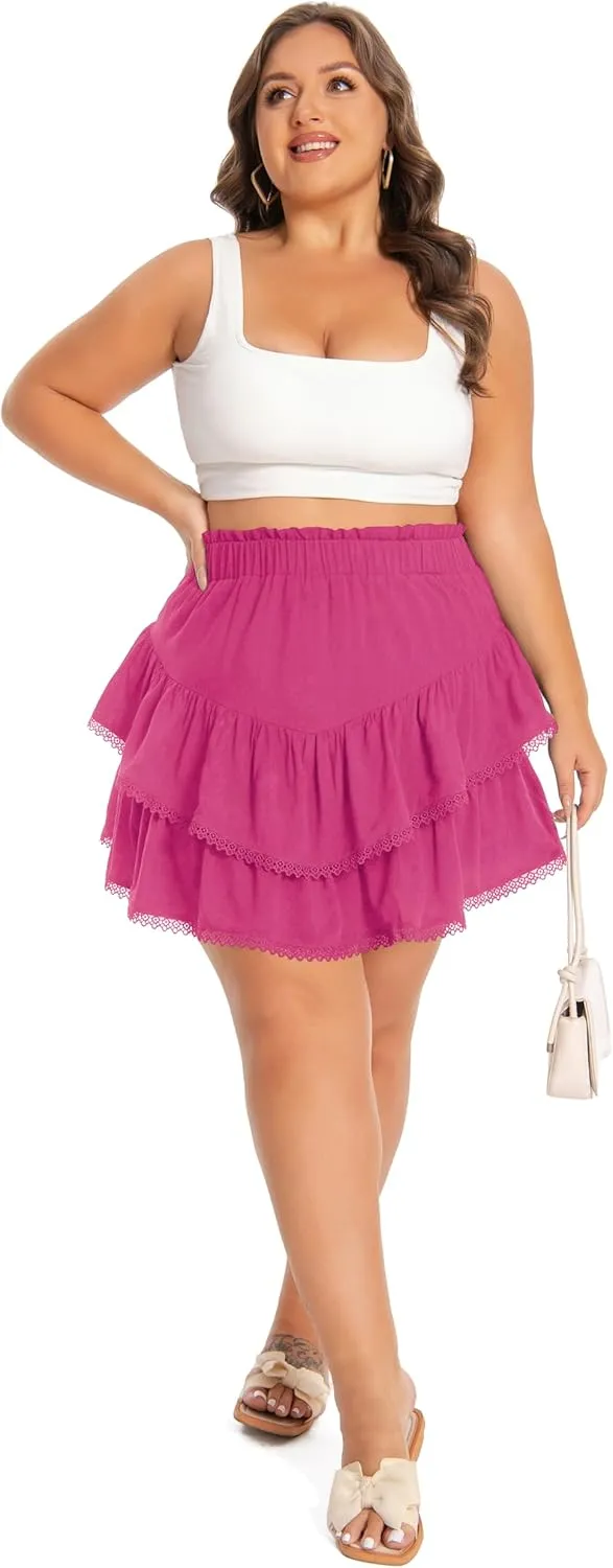 SEKINO Women's Plus Size Flowy Mini Skirts Casual Boho Ruffle Tiered Skorts Built in Shorts Beach Fashion Trendy Skirt