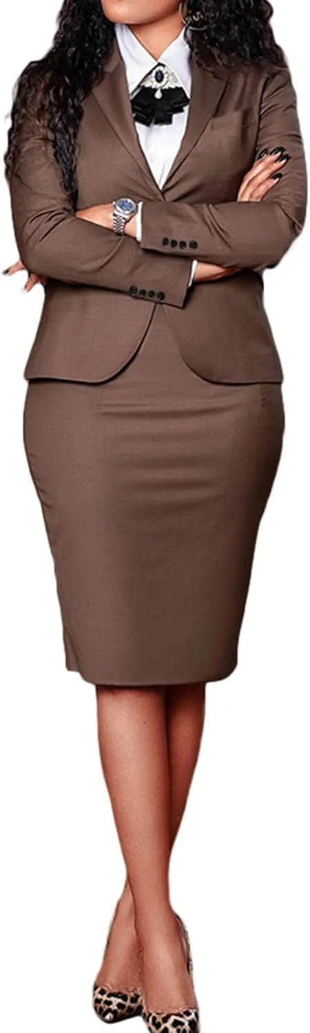 Seltaon Women's 2 Piece Suit Skirt Set Business Office Work Outfit Blazer Jackets Midi Pencil Skirt Suits Plus Size