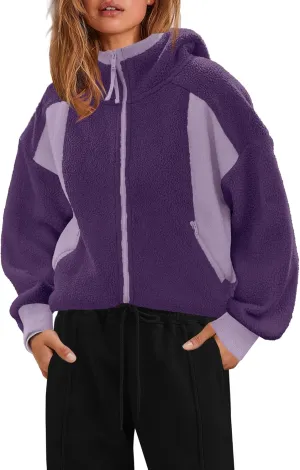 SENSERISE Womens Sherpa Jacket Zip Up Fuzzy Fleece Hoodie Oversized Long Sleeve Color Block Outerwear with Pockets