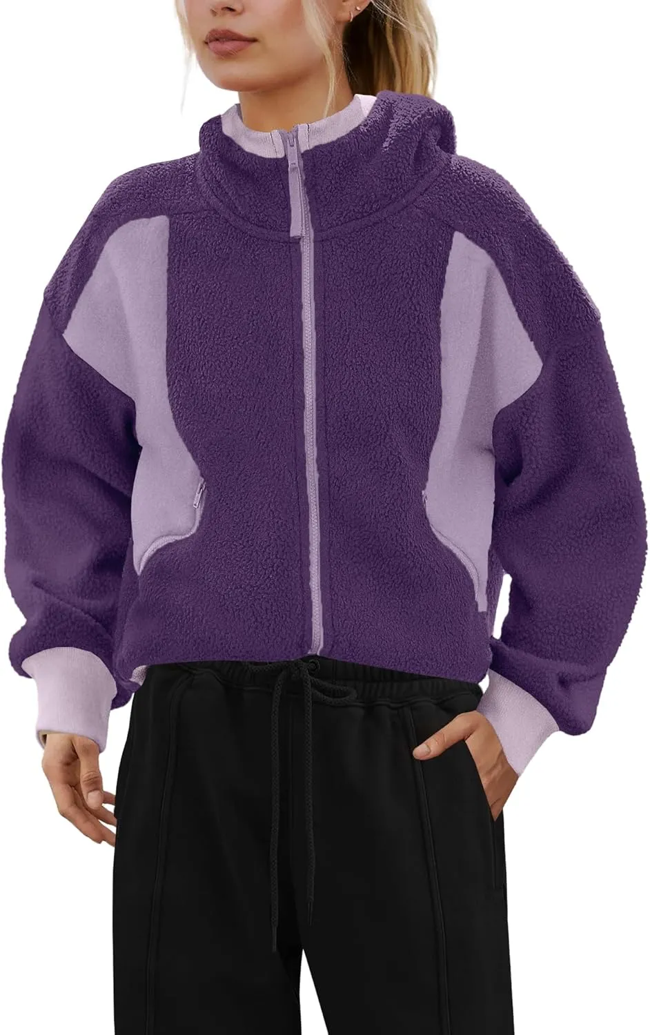 SENSERISE Womens Sherpa Jacket Zip Up Fuzzy Fleece Hoodie Oversized Long Sleeve Color Block Outerwear with Pockets