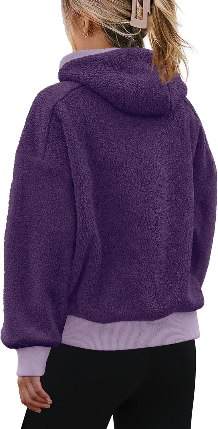 SENSERISE Womens Sherpa Jacket Zip Up Fuzzy Fleece Hoodie Oversized Long Sleeve Color Block Outerwear with Pockets