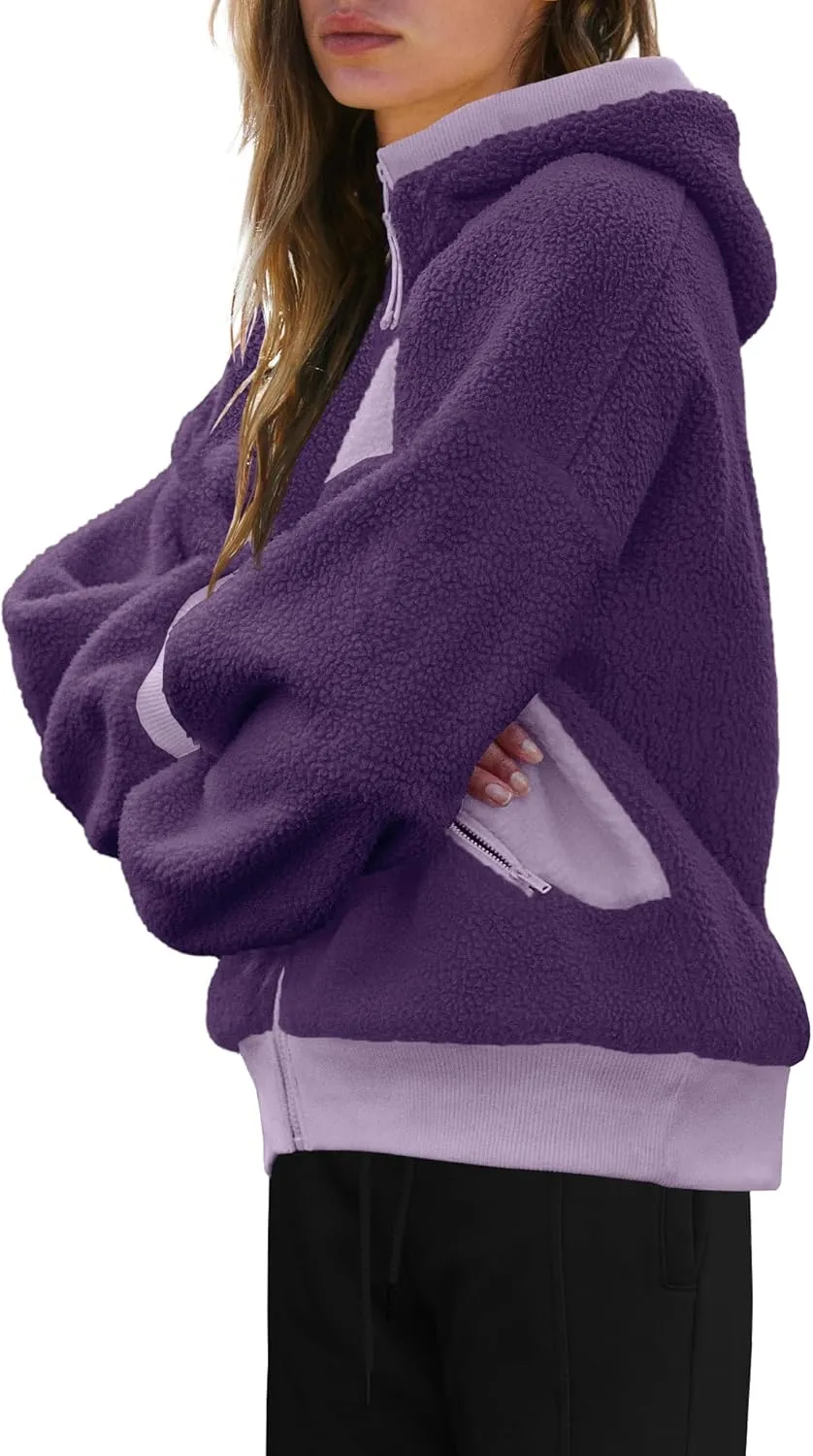 SENSERISE Womens Sherpa Jacket Zip Up Fuzzy Fleece Hoodie Oversized Long Sleeve Color Block Outerwear with Pockets