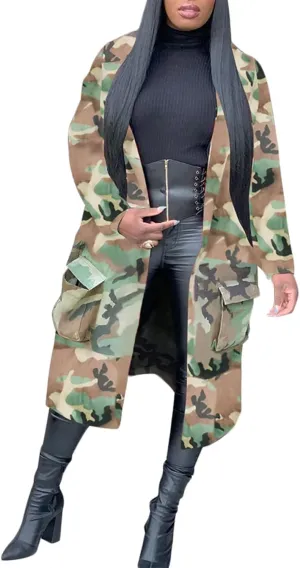 Sexy Camouflage Jacket for Women Army Fatigue Long Cargo Jackets Trench Coat Plus Size
