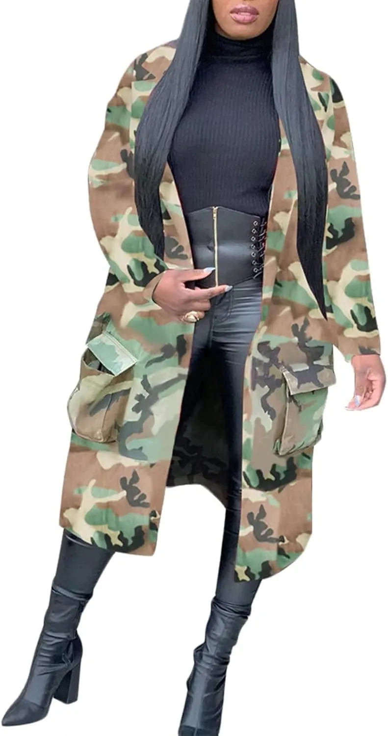Sexy Camouflage Jacket for Women Army Fatigue Long Cargo Jackets Trench Coat Plus Size