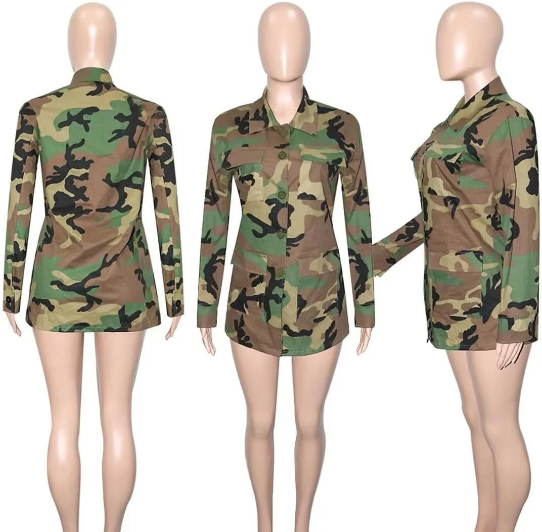 Sexy Camouflage Jacket for Women Army Fatigue Long Cargo Jackets Trench Coat Plus Size
