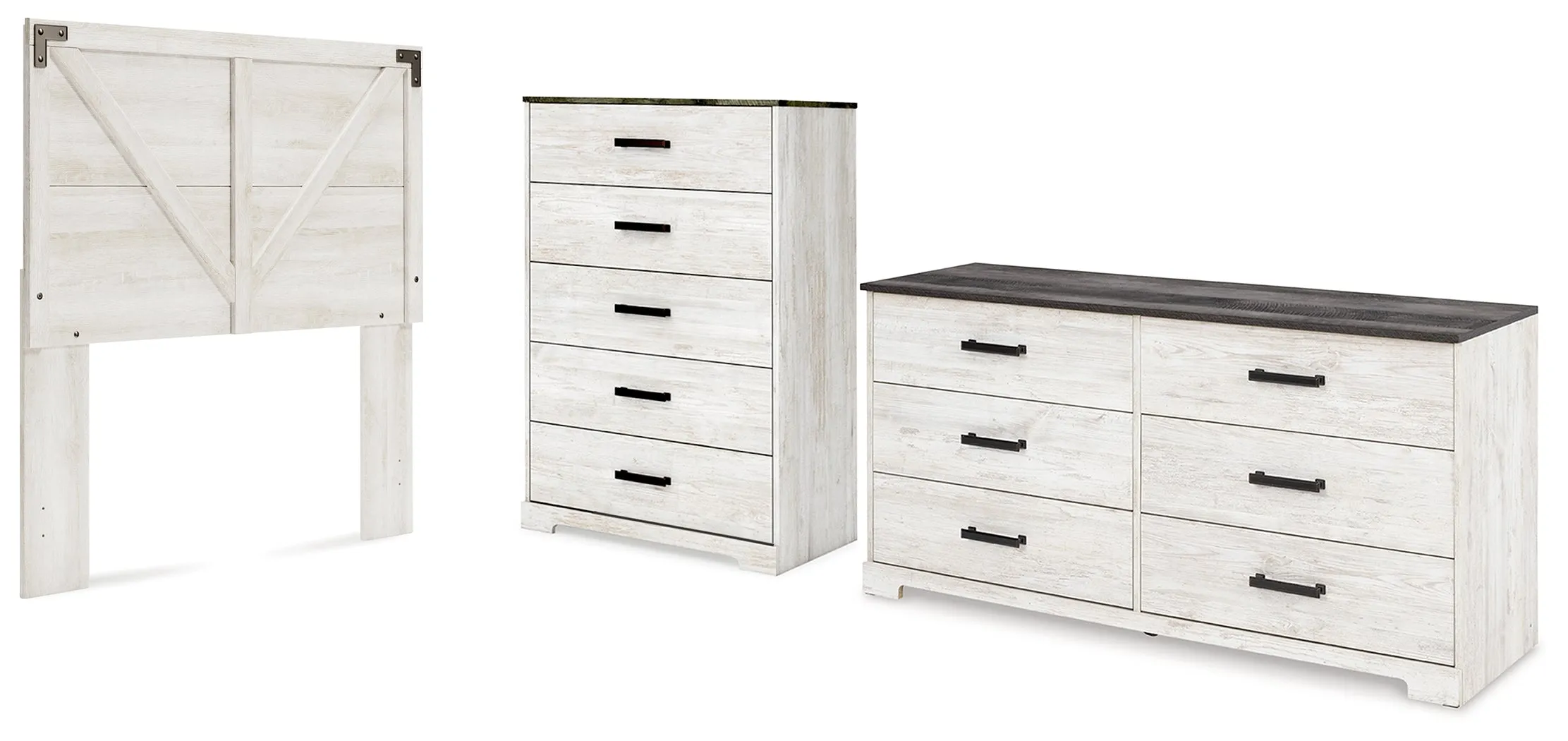 Shawburn Full Panel Headboard with Dresser and Chest in Whitewash