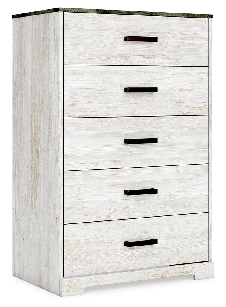Shawburn Full Panel Headboard with Dresser and Chest in Whitewash