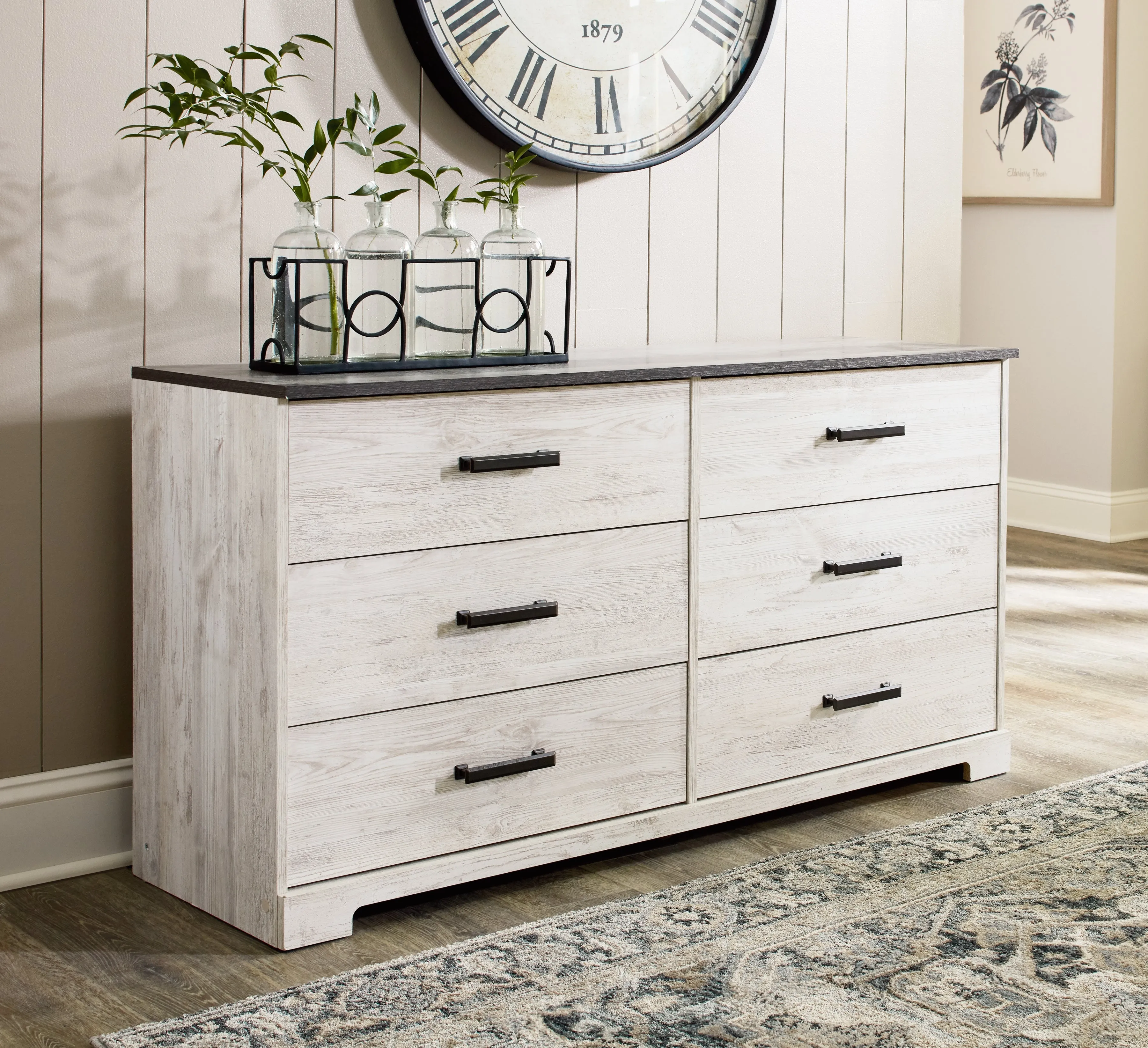 Shawburn Full Panel Headboard with Dresser and Chest in Whitewash