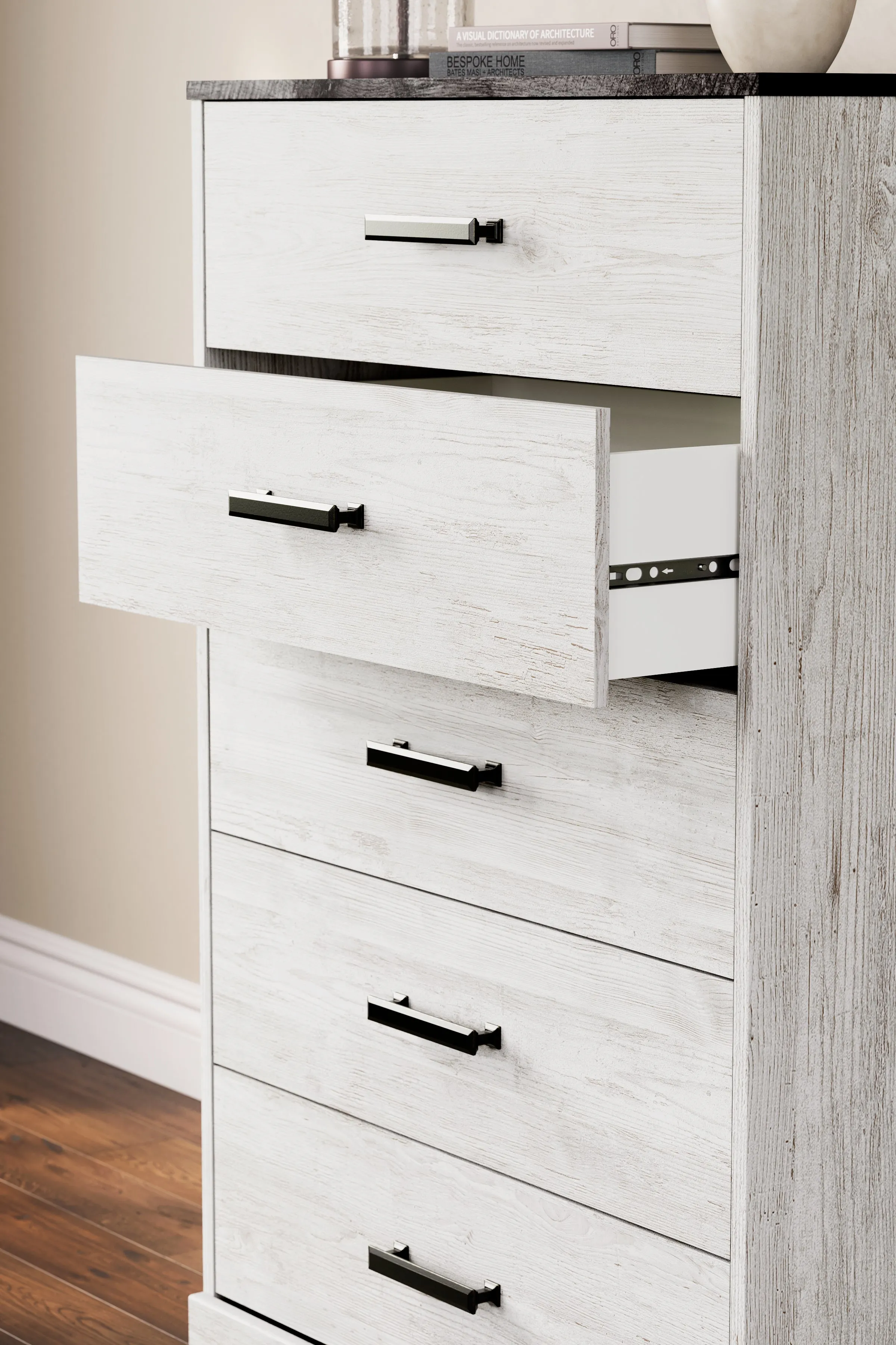 Shawburn Full Panel Headboard with Dresser and Chest in Whitewash
