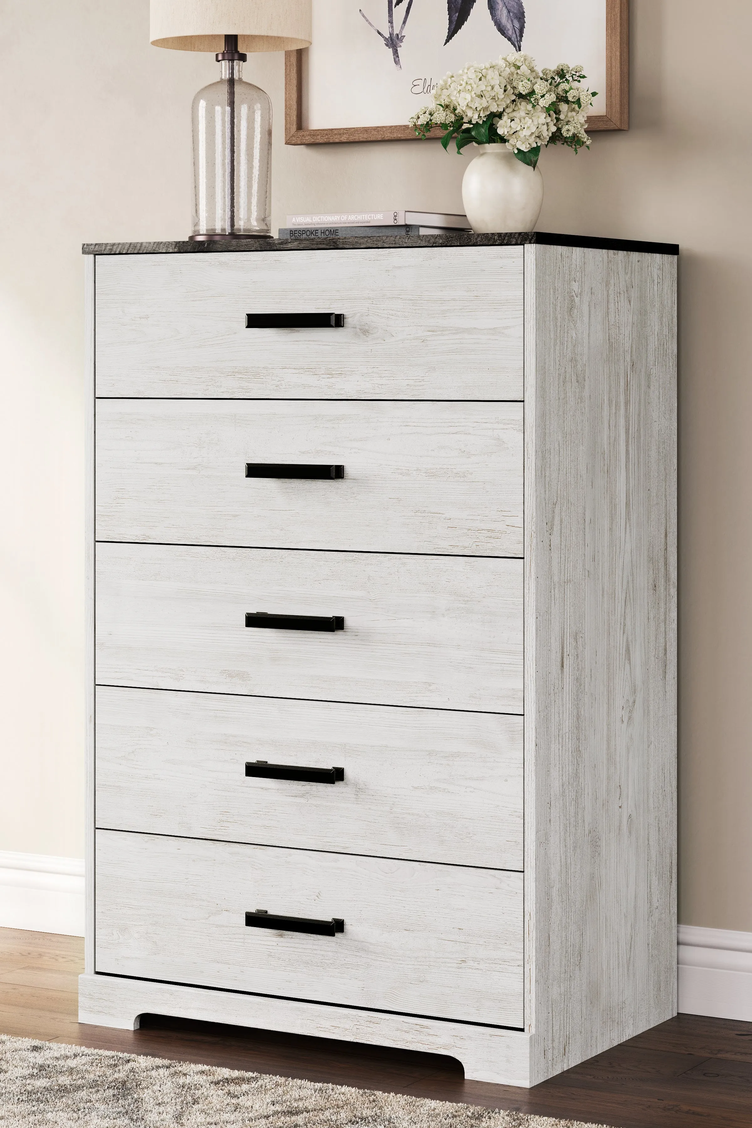 Shawburn Full Panel Headboard with Dresser and Chest in Whitewash