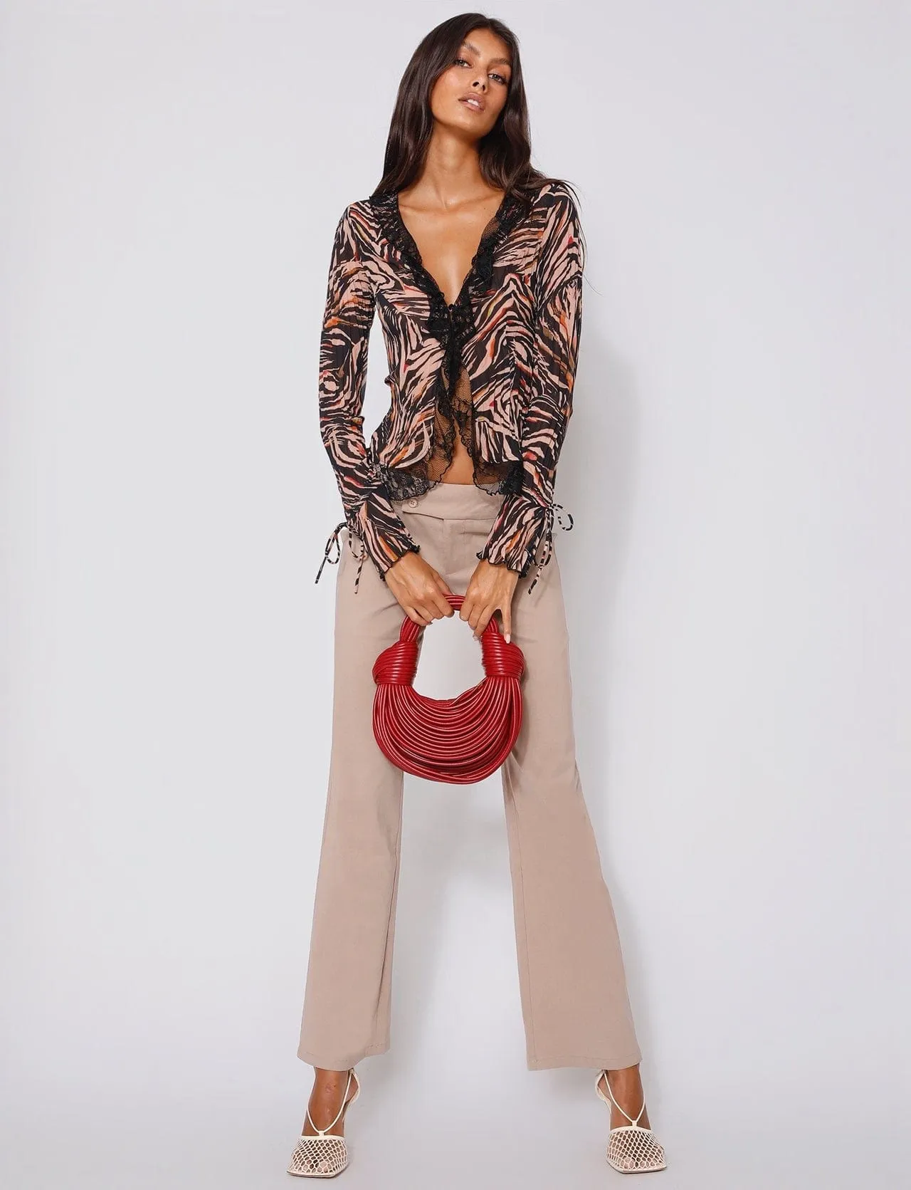 Sheer Lace Trim Tie Up  Blouse