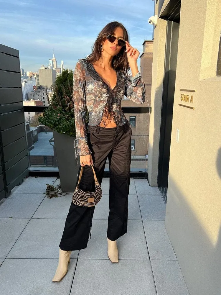Sheer Lace Trim Tie Up  Blouse