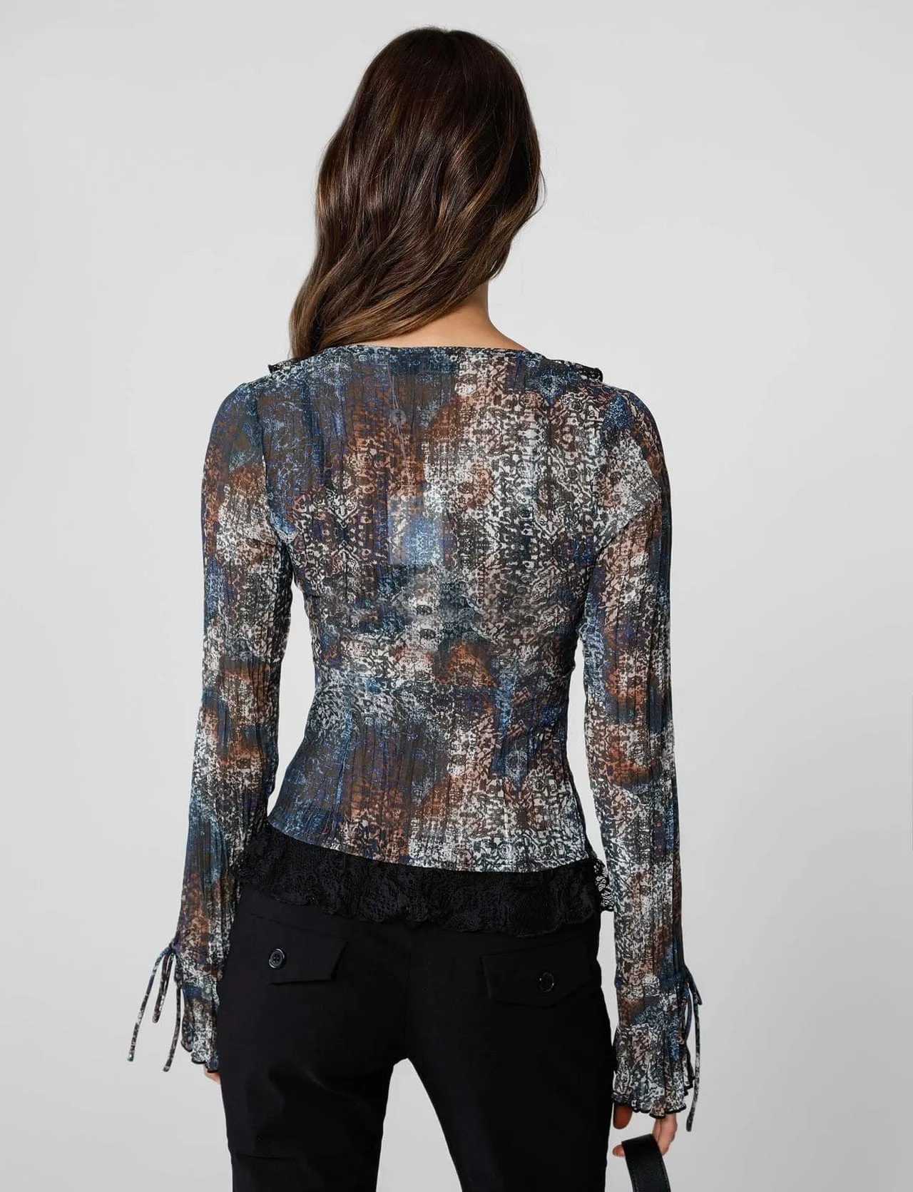Sheer Lace Trim Tie Up  Blouse