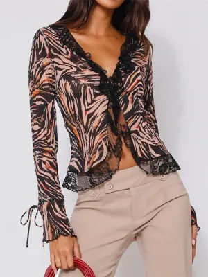 Sheer Lace Trim Tie Up  Blouse