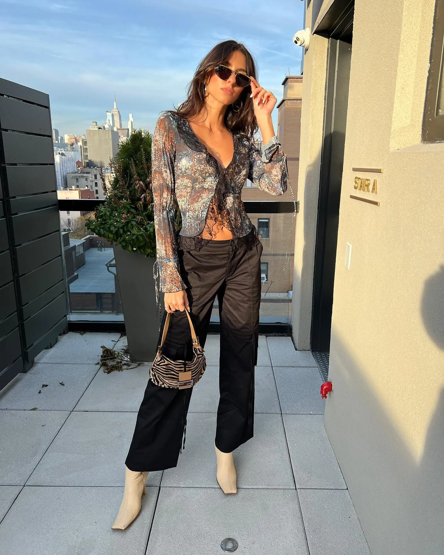 Sheer Lace Trim Tie Up  Blouse