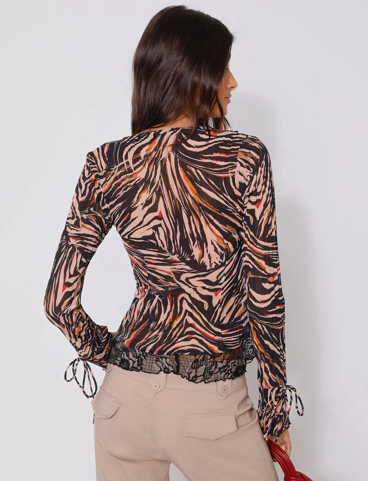 Sheer Lace Trim Tie Up  Blouse
