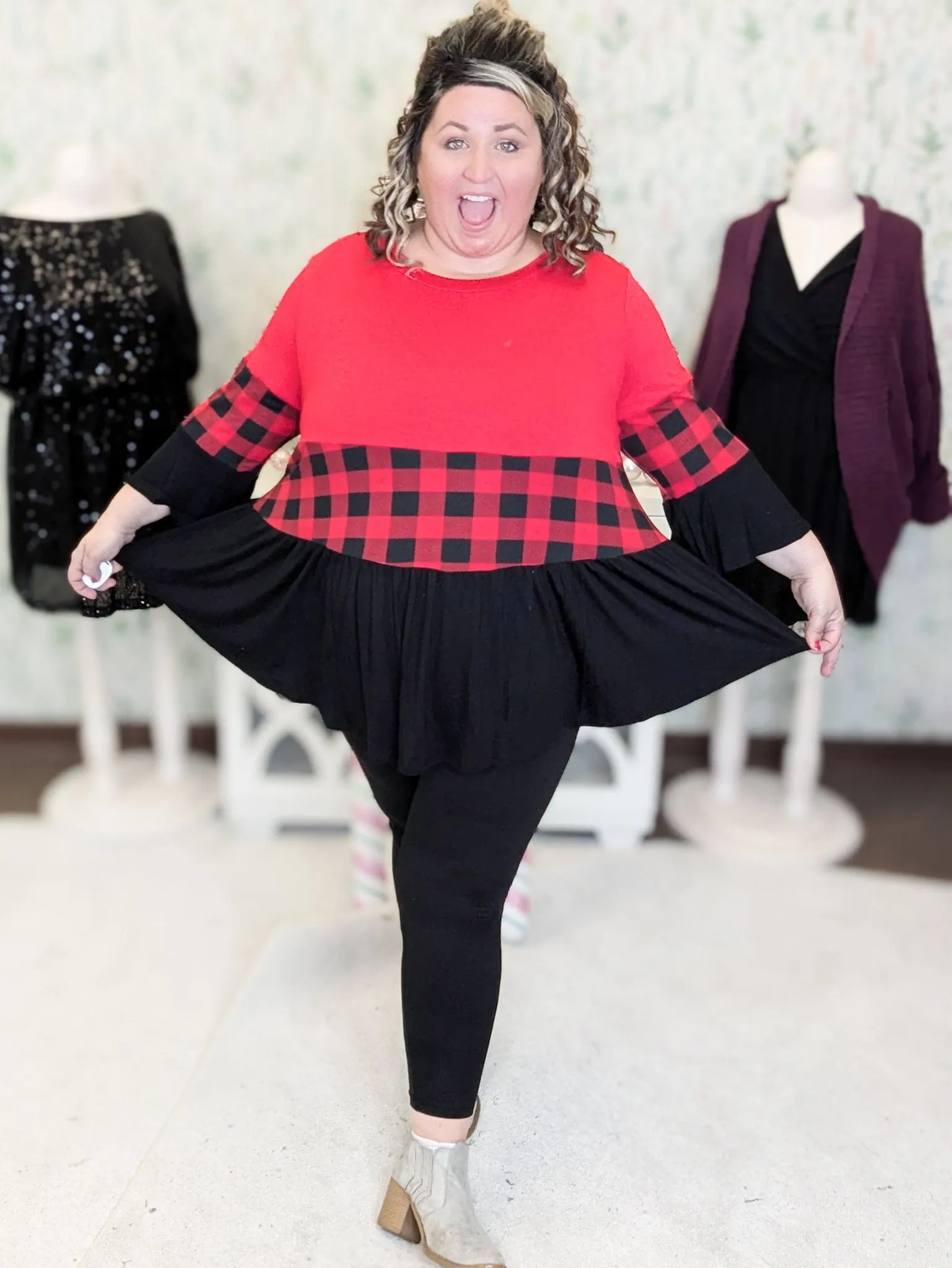 Shelby Tiered Top in Black & Red Buffalo Plaid