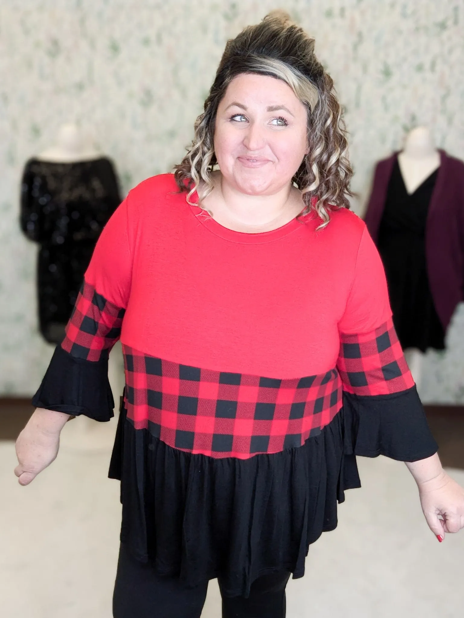 Shelby Tiered Top in Black & Red Buffalo Plaid