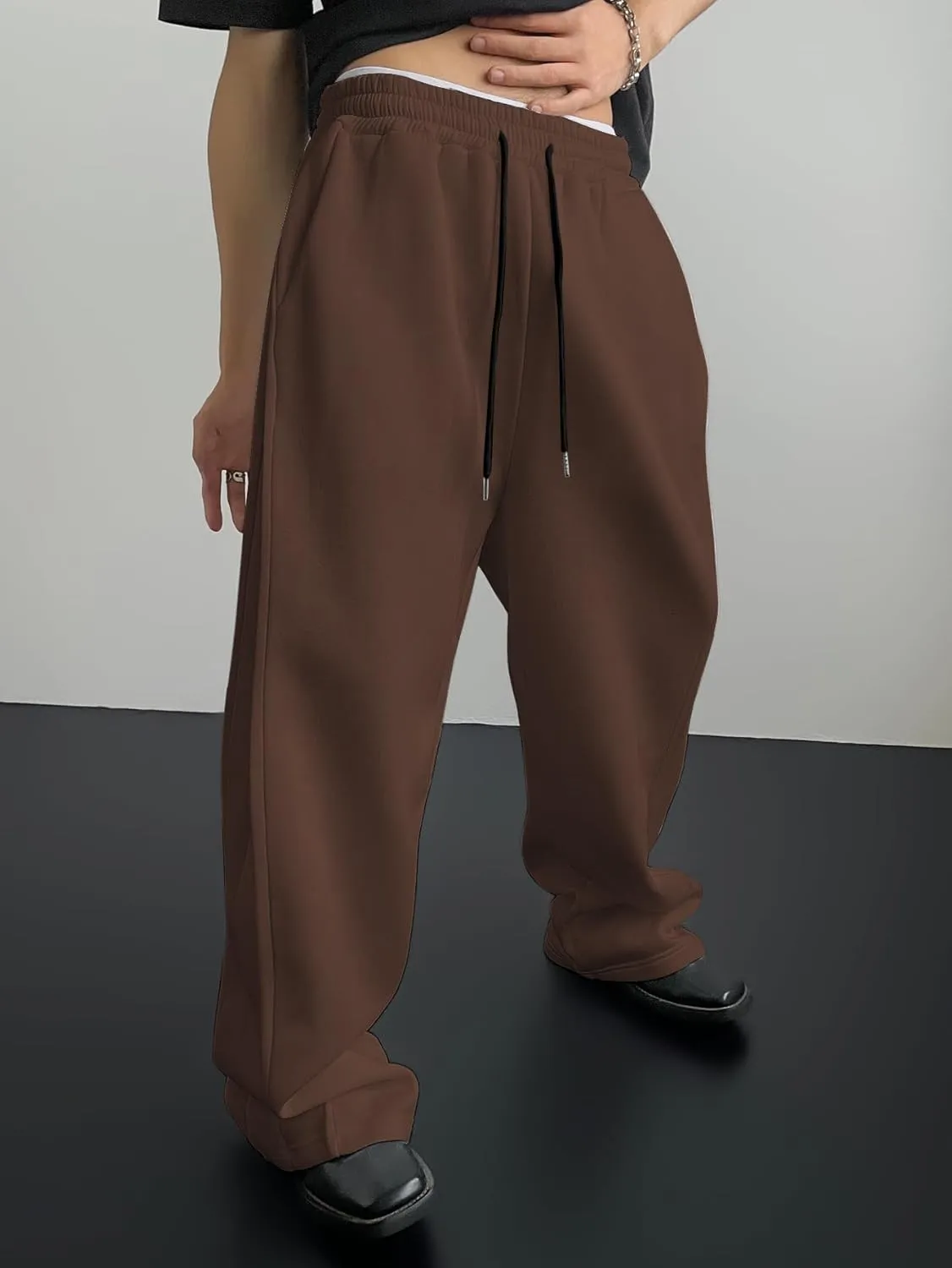 SHENHE Men's Baggy Pants Wide Leg Drawstring Waist Loose Sweatpants with Pockets