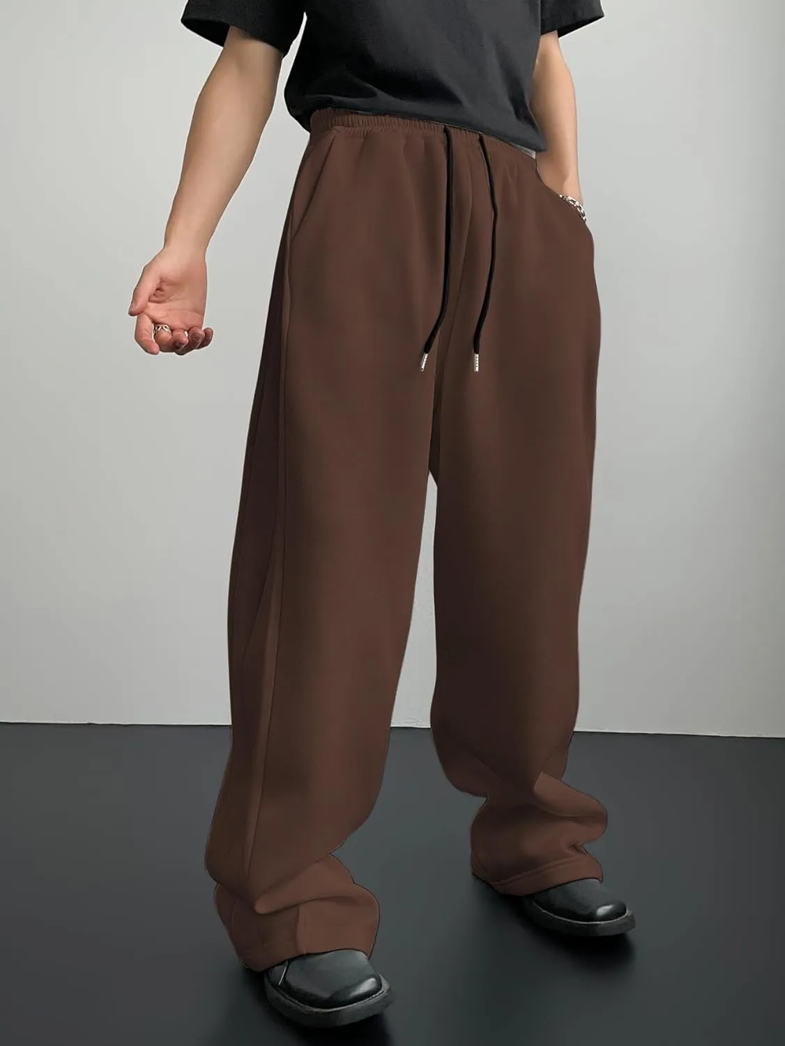 SHENHE Men's Baggy Pants Wide Leg Drawstring Waist Loose Sweatpants with Pockets