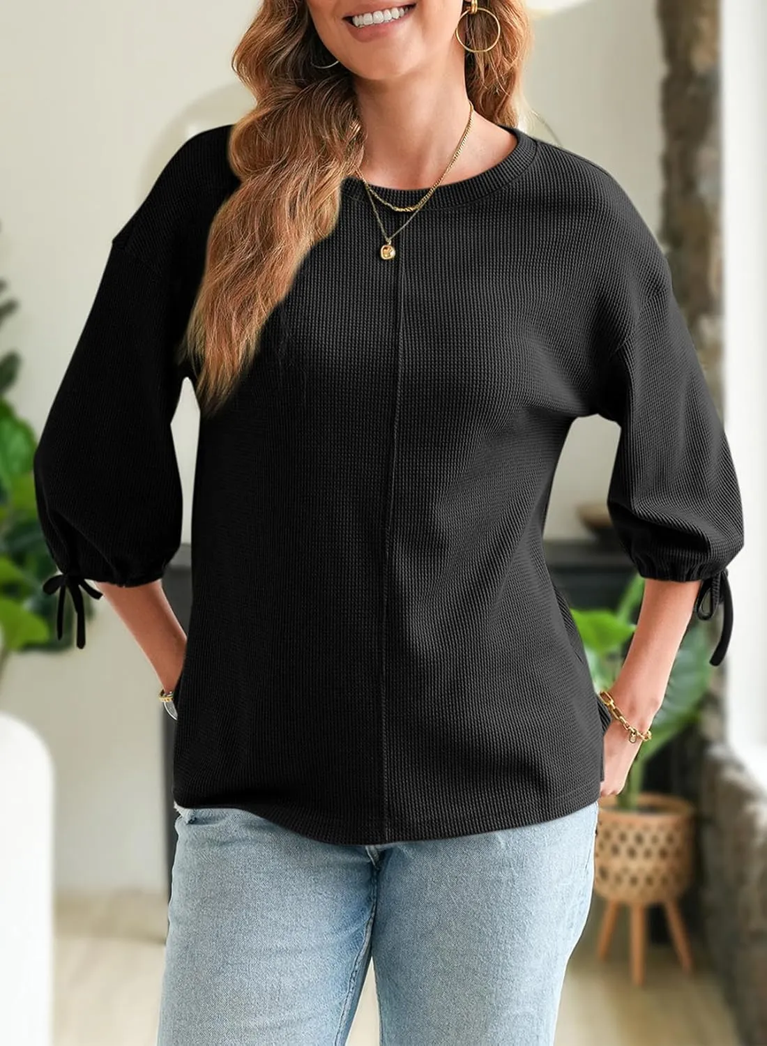 SHEWIN Women's 3/4 Length Sleeve Tunic Tops Loose Fit Casual Crewneck Waffle Knit T Shirts