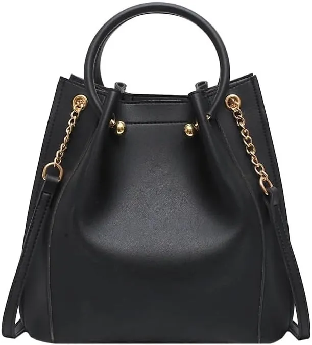 Shoulder Bag Stylish Black Leather Bucket Bag for Women - Designer Casual Shoulder Handbag(Black)