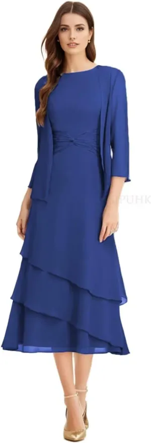 SIPUHK 2 Pieces Mother of The Bride Dresses for Wedding Tea Length Chiffon Tiered Ruffle 3/4 Sleeve Formal Dresses for Women