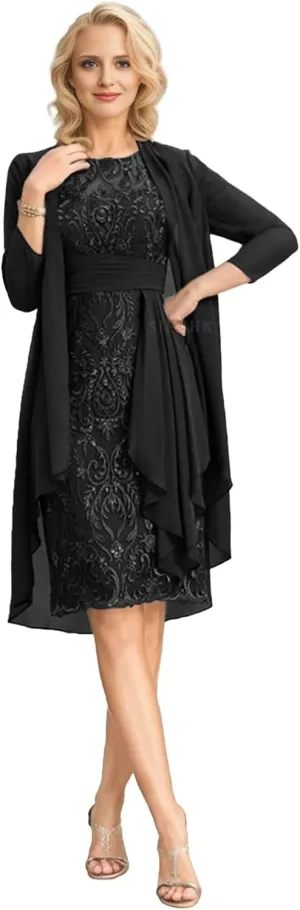 SIPUHK 2 Pieces Mother of The Bride Dresses with Jacket Lace Applique 3/4 Sleeve Bodycon Formal Dress for Women Wedding Guest