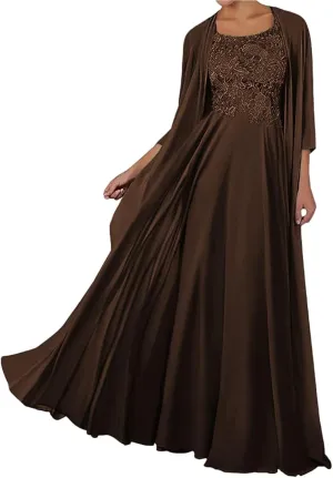 SIPUHK 2 Pieces Mother of The Bride Dresses with Jacket Lace Chiffon 3/4 Sleeve Long Formal Dress for Women Wedding Guest