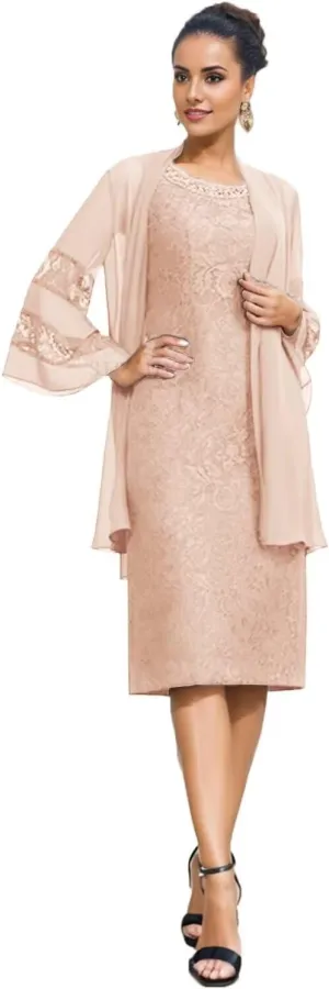 SIPUHK 2 Pieces Mother of The Bride Dresses with Jackets Lace Beaded 3/4 Sleeve Bodycon Formal Dress for Women Wedding Guest