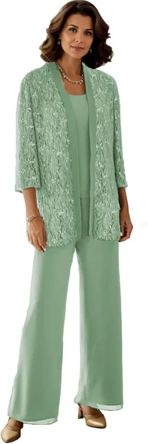 SIPUHK 3 Piece Mother of The Bride Pantsuits with Jackets Lace Sequin Long Sleeve Sparkly Formal Pant Suits for Women Dressy