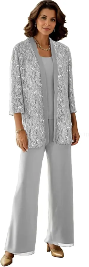 SIPUHK 3 Piece Mother of The Bride Pantsuits with Jackets Lace Sequin Long Sleeve Sparkly Formal Pant Suits for Women Dressy