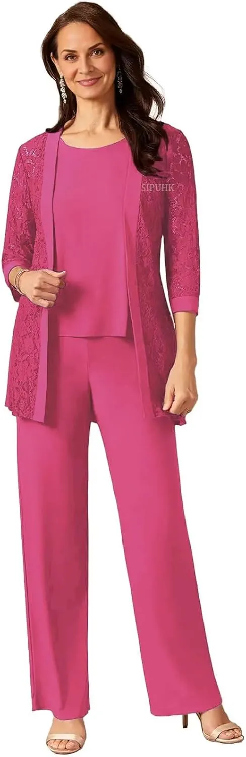 SIPUHK 3 Pieces Mother of The Bride Pantsuits with Jackets Lace 3/4 Sleeve Classy Formal Pant Suits for Women Dressy