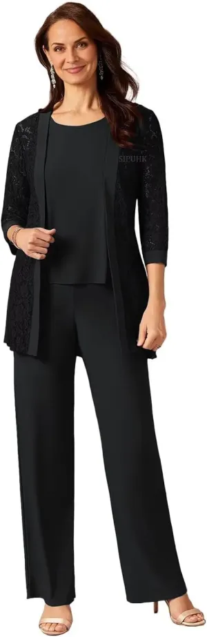 SIPUHK 3 Pieces Mother of The Bride Pantsuits with Jackets Lace 3/4 Sleeve Classy Formal Pant Suits for Women Dressy