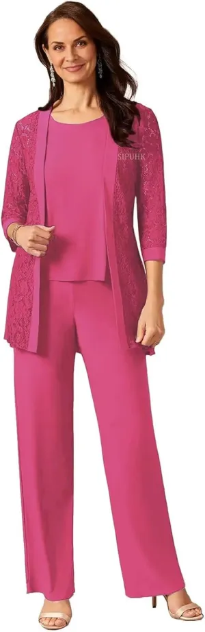 SIPUHK 3 Pieces Mother of The Bride Pantsuits with Jackets Lace 3/4 Sleeve Classy Formal Pant Suits for Women Dressy