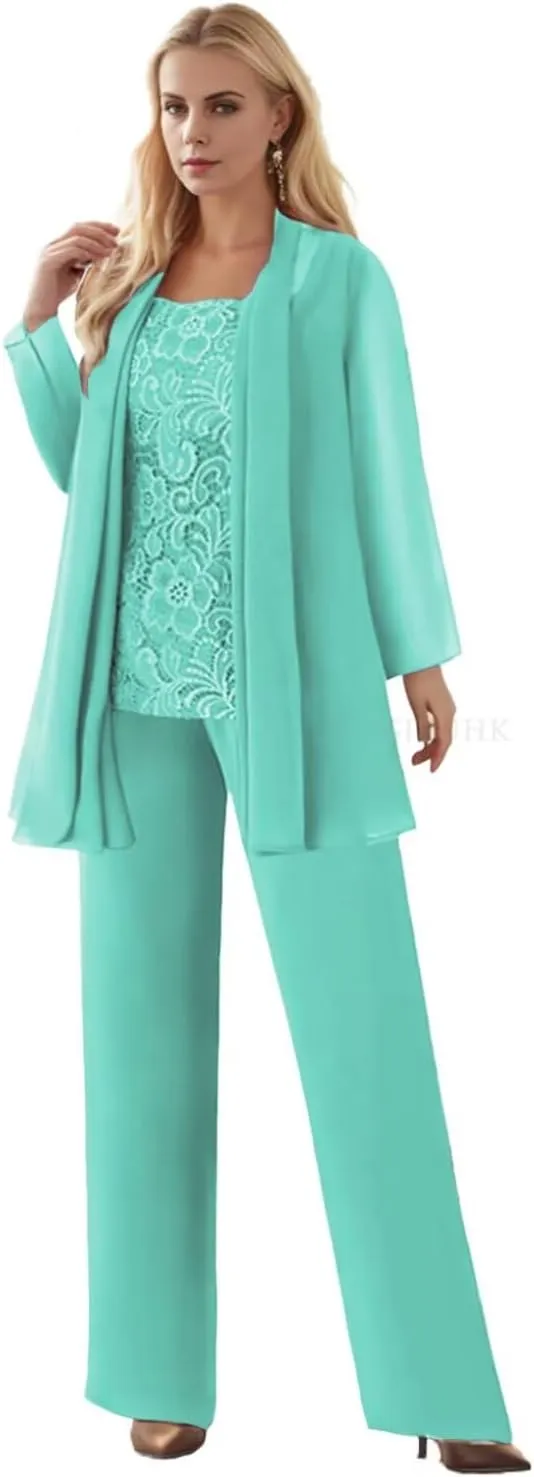 SIPUHK 3 Pieces Mother of The Bride Pantsuits with Jackets Long Sleeve Chiffon Outfit Lace Formal Pant Suits for Women Dressy