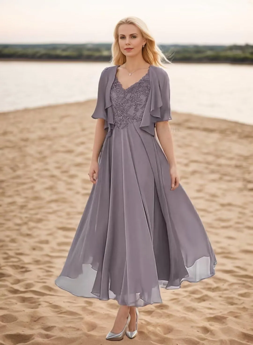 SIPUHK Women's 2 Pieces Mother of The Bride Dresses for Wedding Tea Length Lace Applique Short Sleeve Formal Gown with Jacket