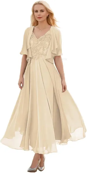 SIPUHK Women's 2 Pieces Mother of The Bride Dresses for Wedding Tea Length Lace Applique Short Sleeve Formal Gown with Jacket