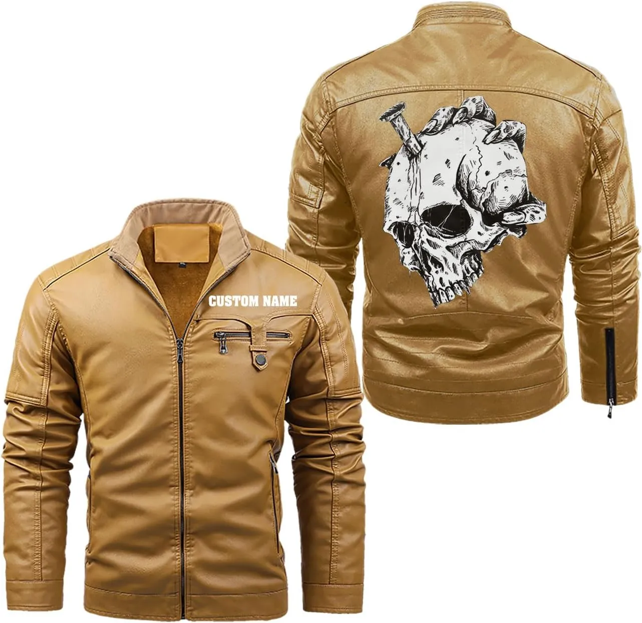 Skull On Hand| Gothic Skull Biker Motorcycle Jacket| Personalized Men PU Leather Vest Jacket Coat