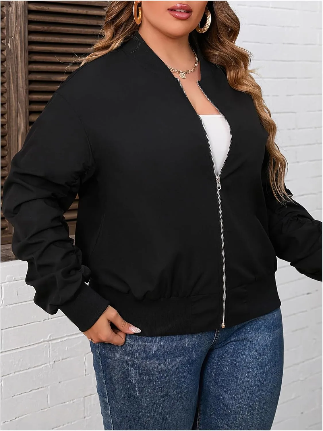SOLY HUX Women's Plus Size Bomber Jacket Zip Up Drop Shoulder Long Sleeve Fall Jacket Casual Outerwear