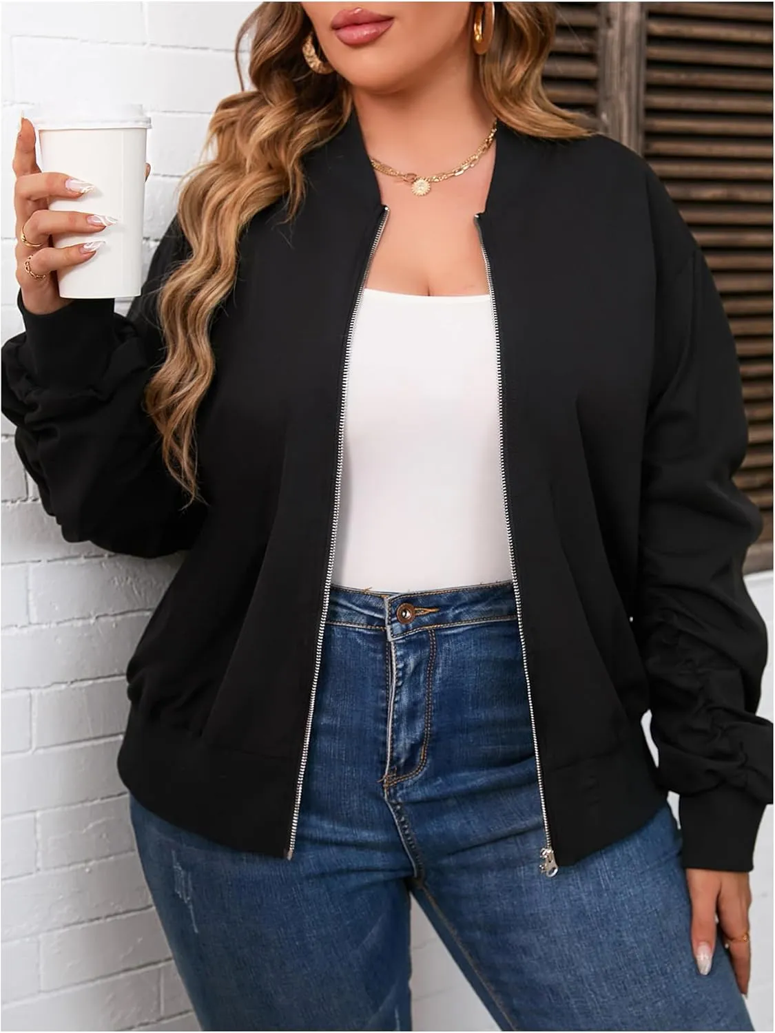 SOLY HUX Women's Plus Size Bomber Jacket Zip Up Drop Shoulder Long Sleeve Fall Jacket Casual Outerwear