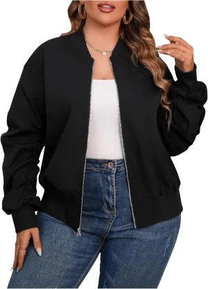 SOLY HUX Women's Plus Size Bomber Jacket Zip Up Drop Shoulder Long Sleeve Fall Jacket Casual Outerwear