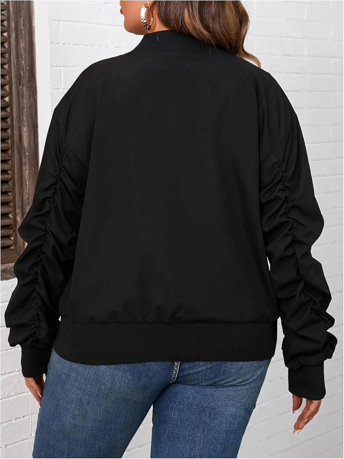 SOLY HUX Women's Plus Size Bomber Jacket Zip Up Drop Shoulder Long Sleeve Fall Jacket Casual Outerwear